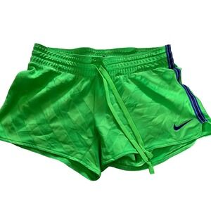 Nike Dri-Fit Athletic Short‎ Women S Green Logo Running Drawstring Flat Front